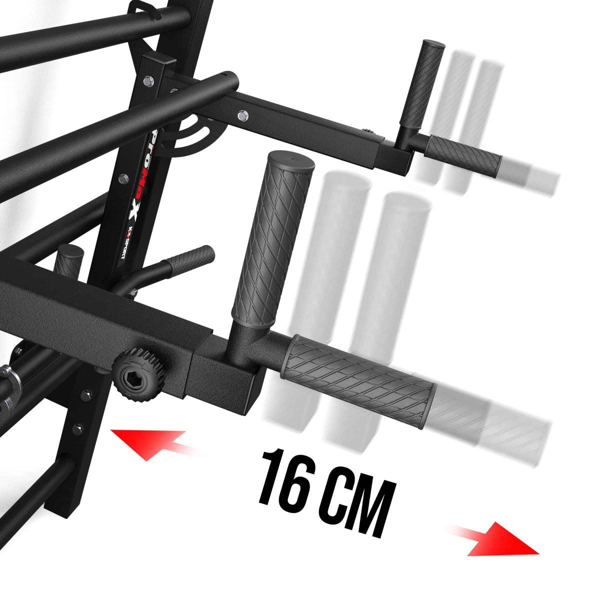 Detail of extendable handles on the Swedish Ladder Wall Bars dip attachment showing 16 cm adjustment range