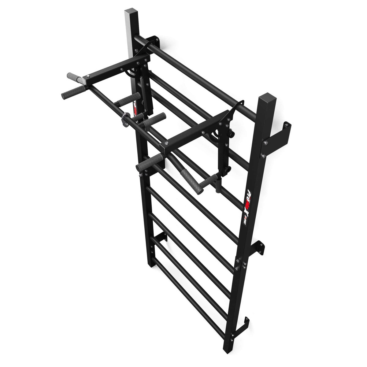 High-angle top view of Swedish Ladder Wall Bars showing the projection and grip width of the pull-up bar station