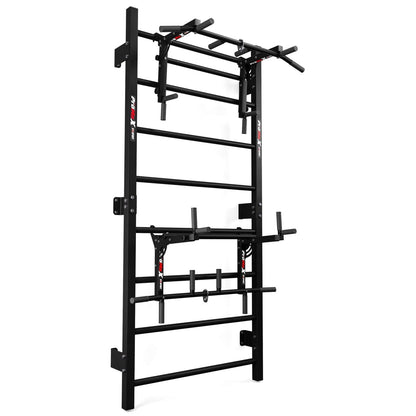 Swedish Ladder Wall Bars gymnastics set featuring a height-adjustable dip station and multi-grip pull-up bar