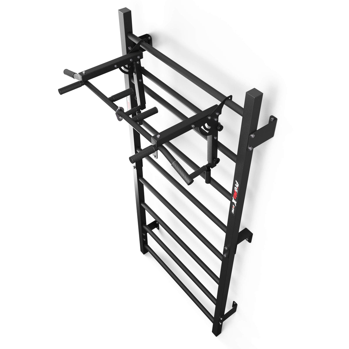 Angled view of the wall bars with pull-up bar and dip station