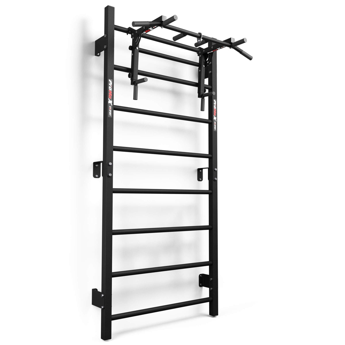 Front view of the Swedish ladder wall bars with dip bar and pull-up bar