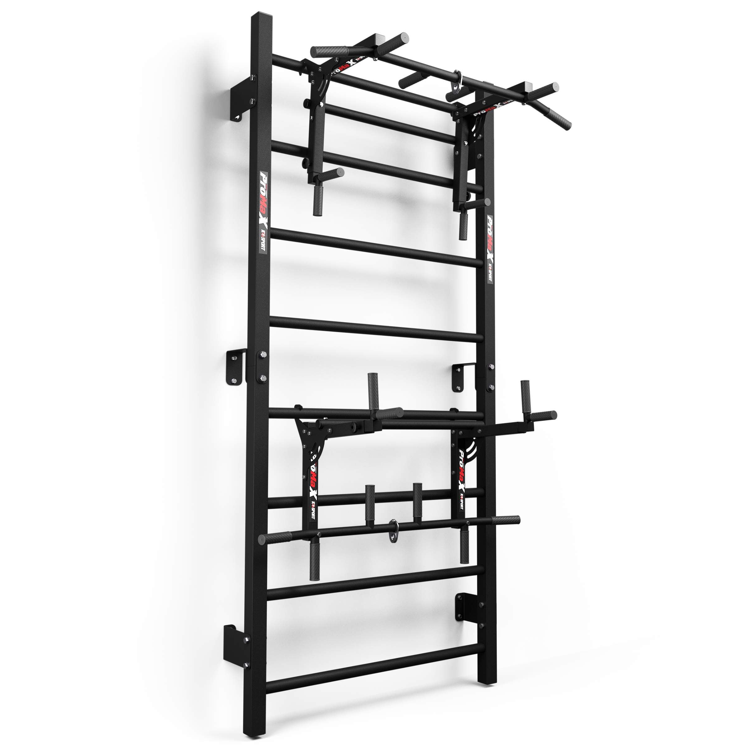 Swedish ladder wall bars with pull-up bar and dip station, full view