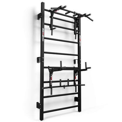Swedish ladder wall bars with pull-up bar and dip station, full view