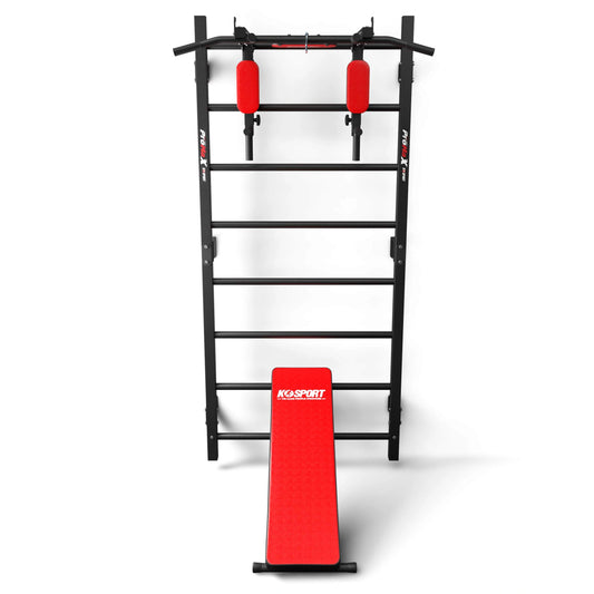Front view of K-Sport wall bars with pull-up bar and red incline bench
