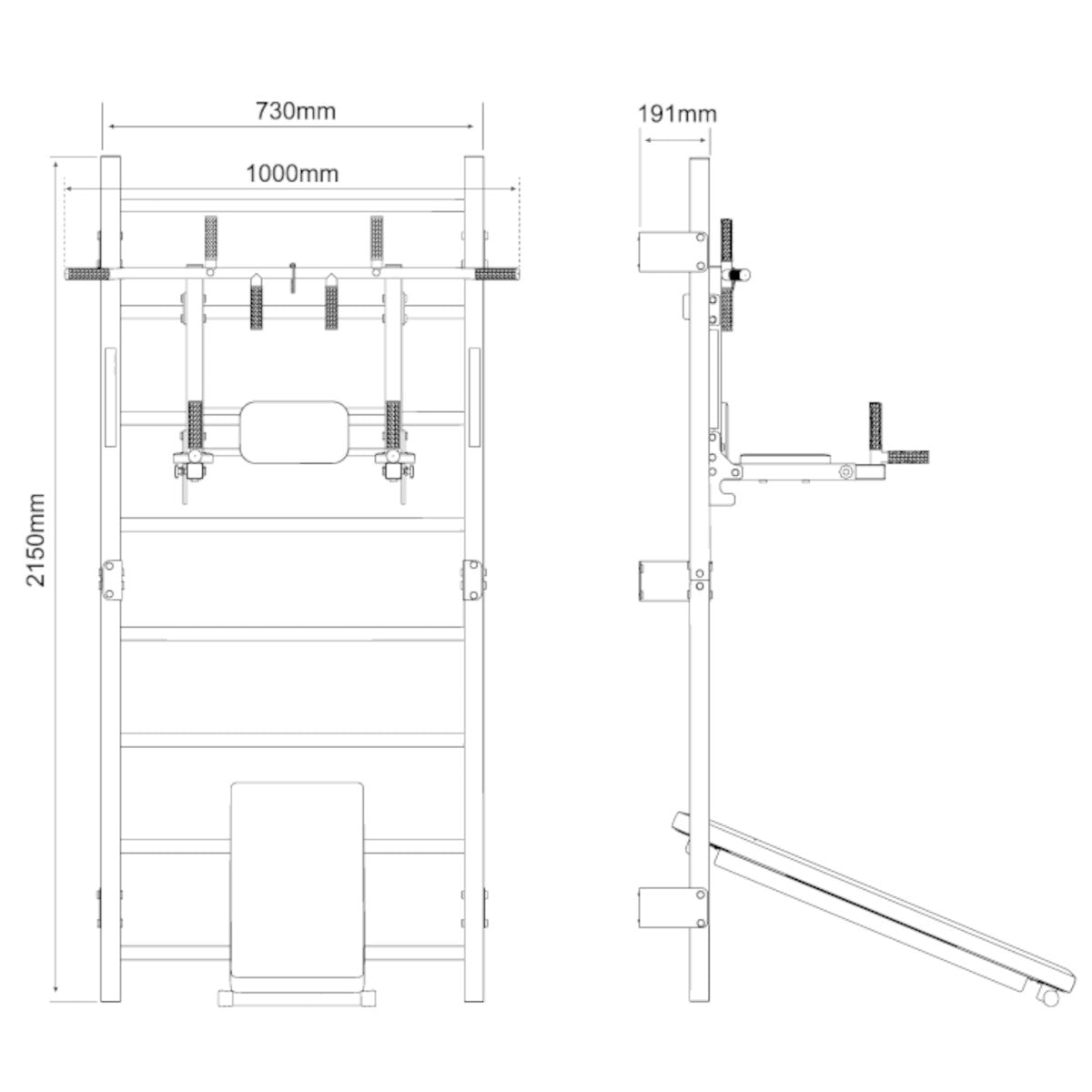 Technical dimensions of Swedish ladder wall set with bench dip station and pull-up bar