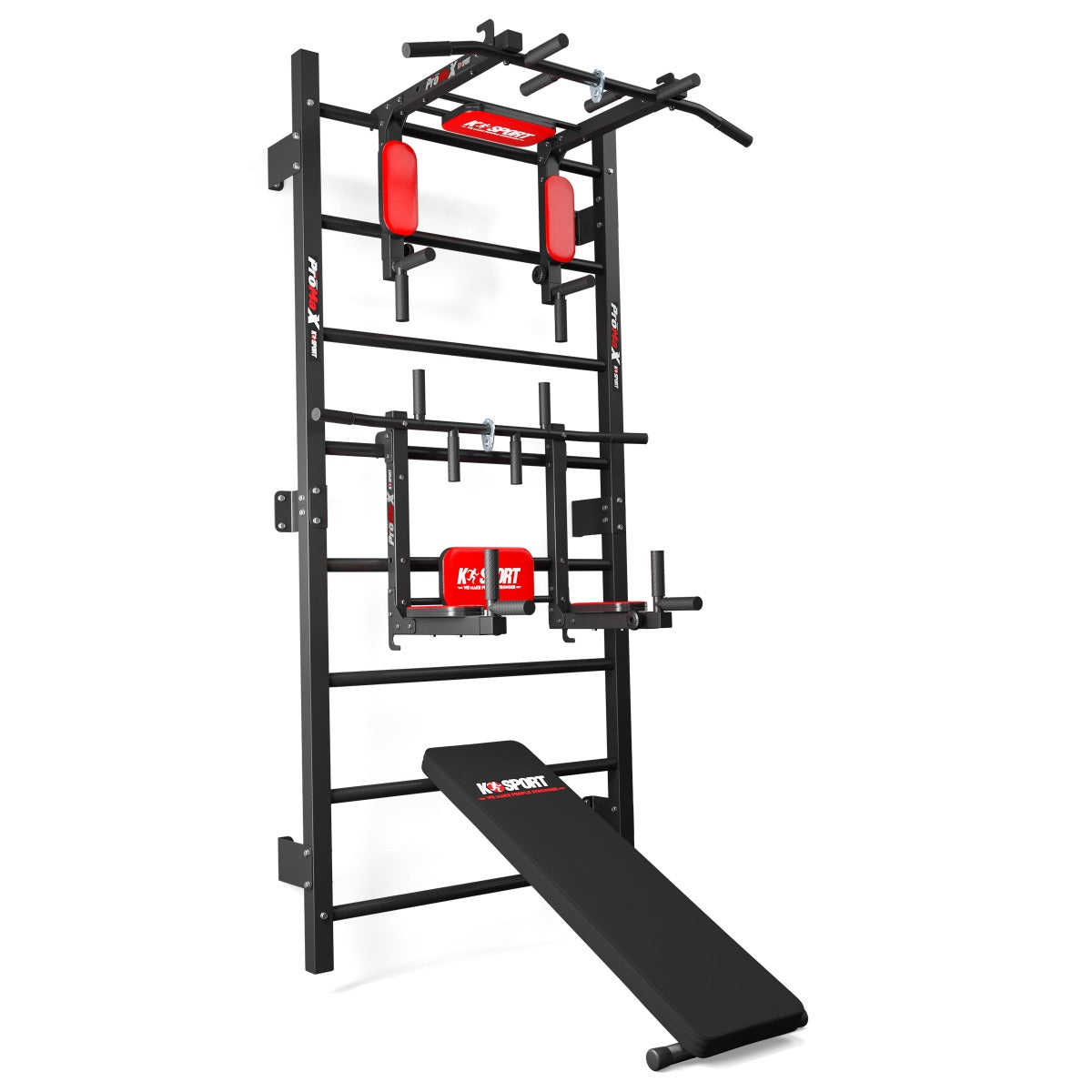 Swedish Ladder Wall Set complete view with pull-up bar, dip attachment, and workout bench