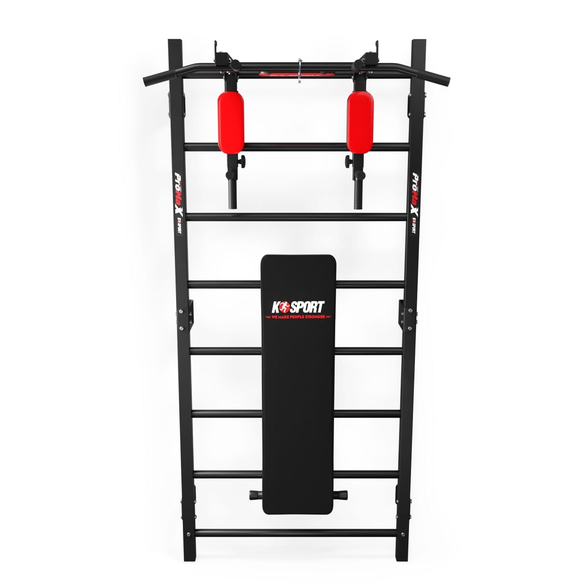 Front view of Swedish ladder wall set with padded dip station and bench