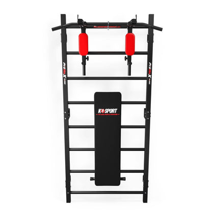 Swedish Ladder Wall Set front view with padded backrest and dip handles for strength training