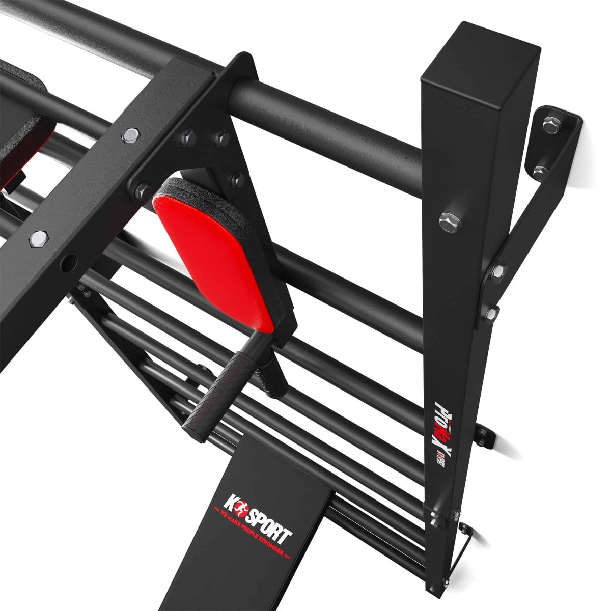 Swedish Ladder Wall Set side detail showing padded armrest, steel frame, and bench connection