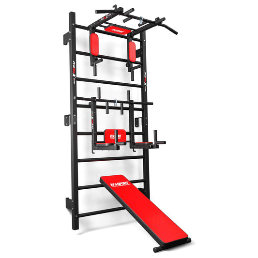 Swedish ladder wall set with pull-up bar, dip station and red incline bench, full view