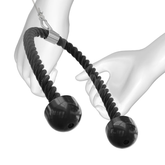 K-Sport tricep rope showing flexible grip positions and rubber end stops