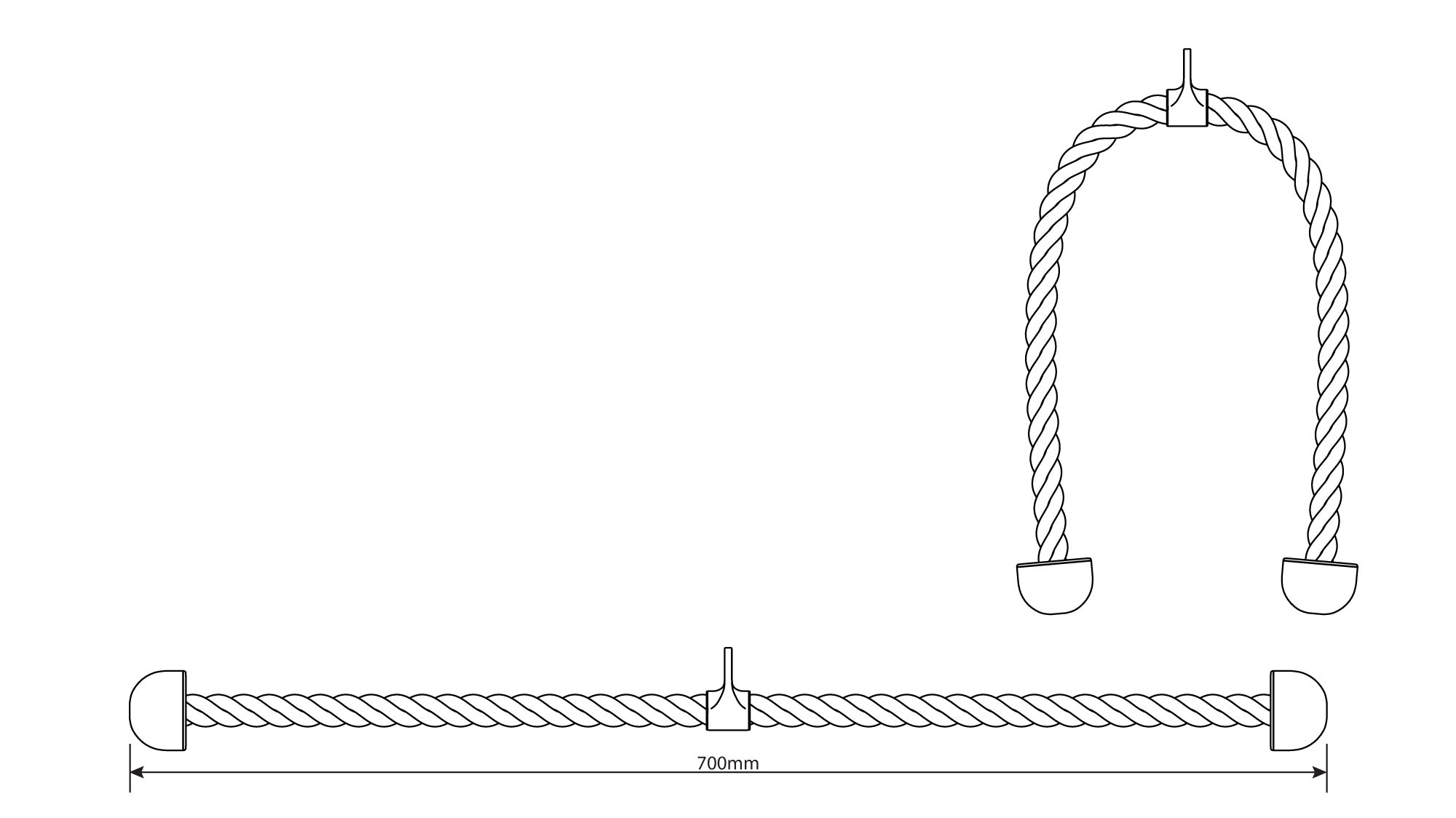 Technical dimensions of K-Sport tricep rope cable attachment – 700 mm length