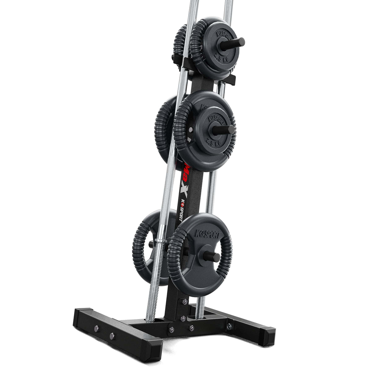 Vertical weight plate rack holding weight plates and two barbell bars