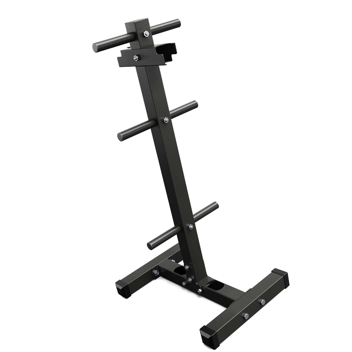 Rear view of vertical weight plate rack with three storage levels