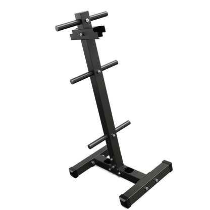 Rear view of vertical weight plate rack with three storage levels