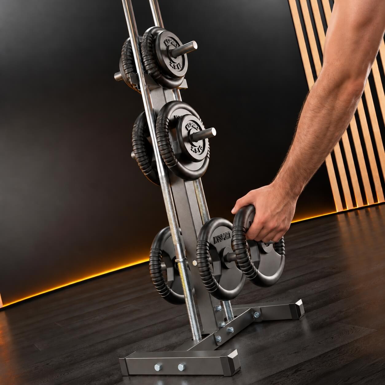 Person placing a weight plate onto a vertical gym storage rack