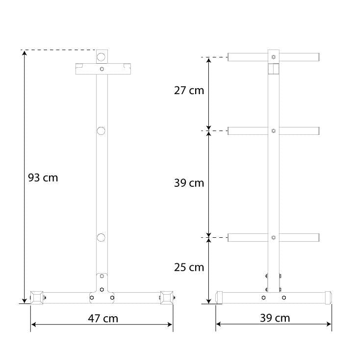 Technical dimensions of vertical weight plate and barbell storage rack
