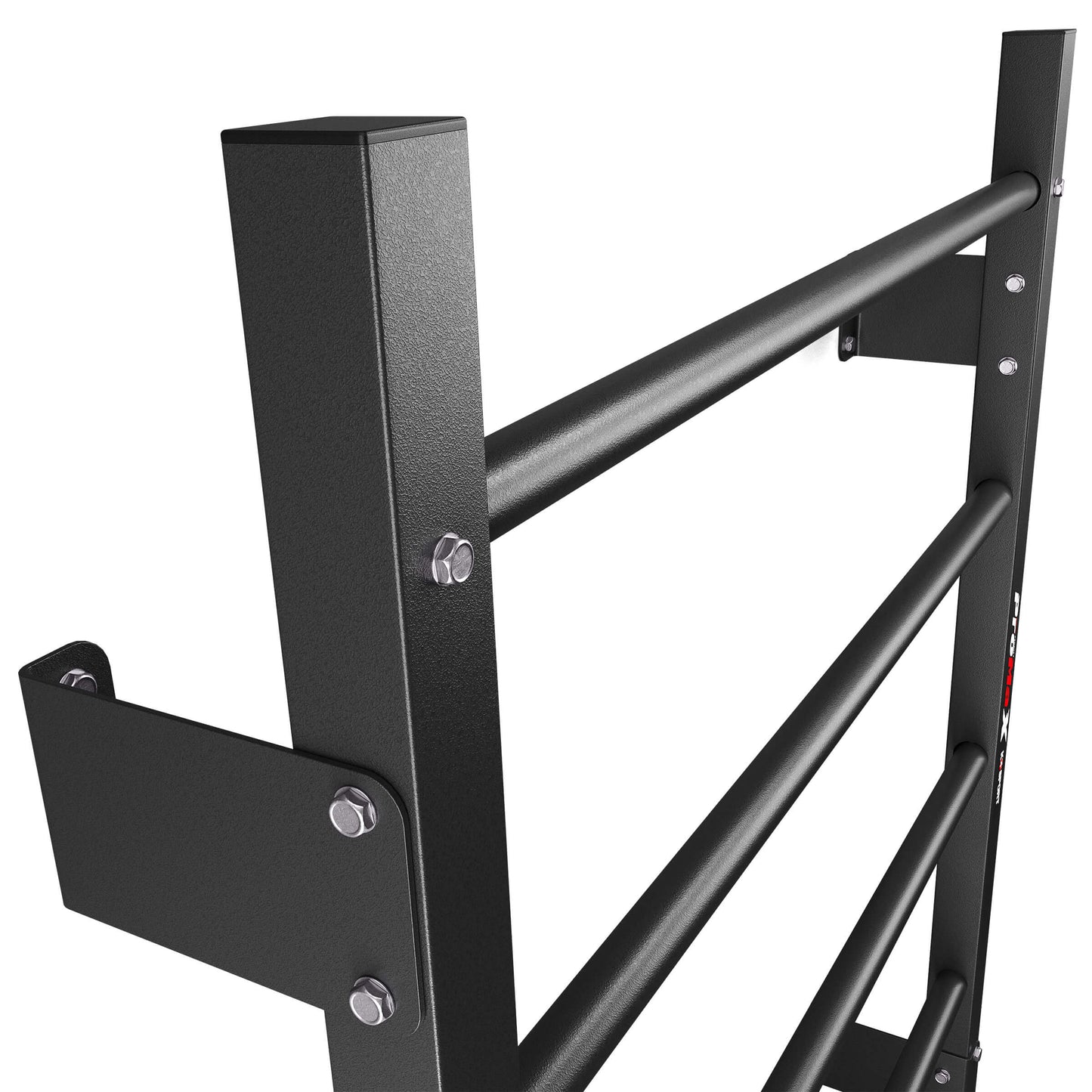 Front perspective of black steel wall-mounted gym ladder with 8 pull-up and stretching rungs