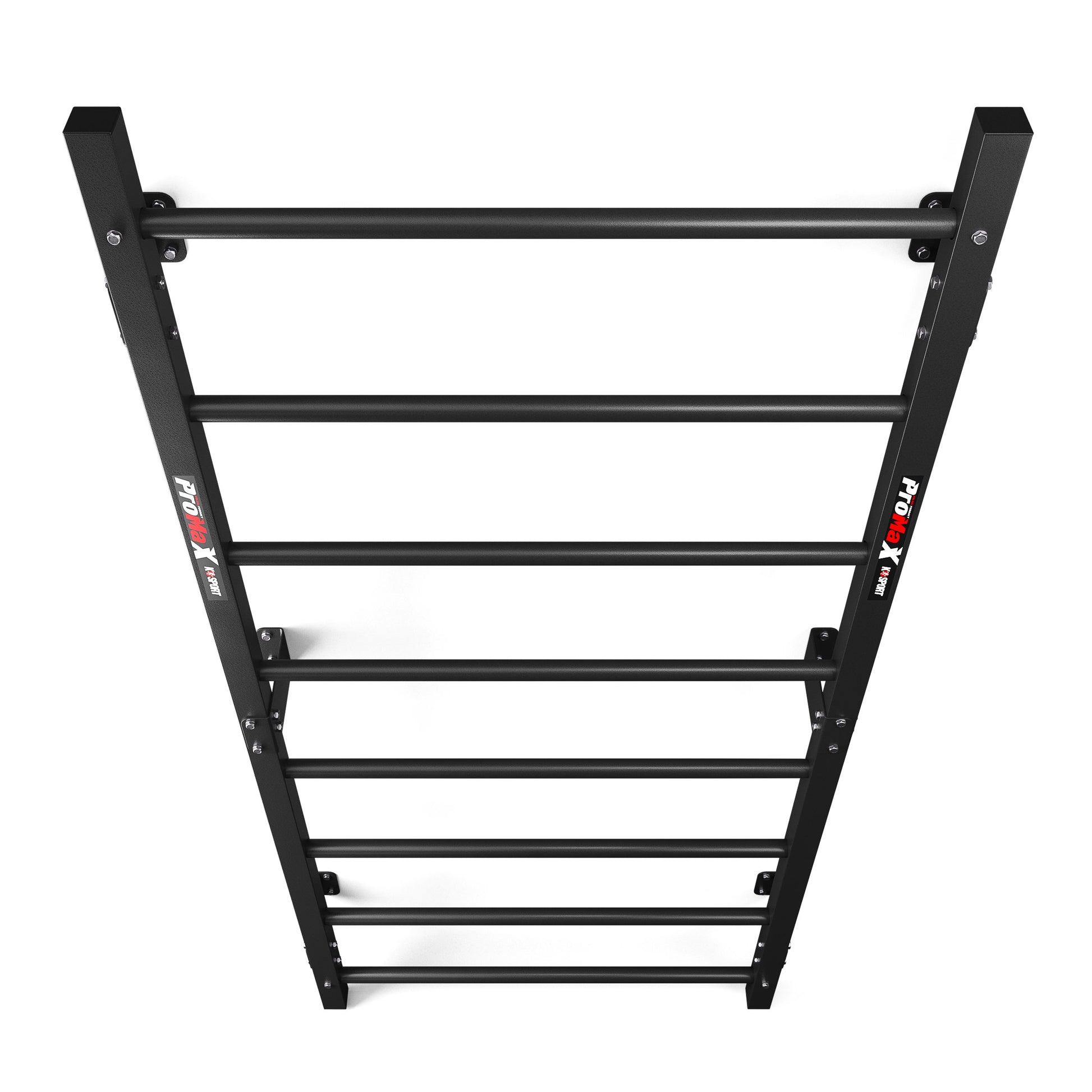 Angled view of black metal Swedish ladder wall bars for functional fitness and bodyweight training