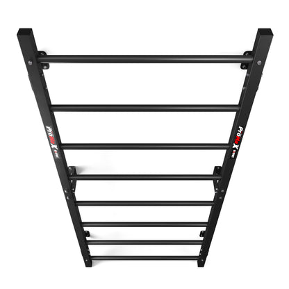 Angled view of black metal Swedish ladder wall bars for functional fitness and bodyweight training