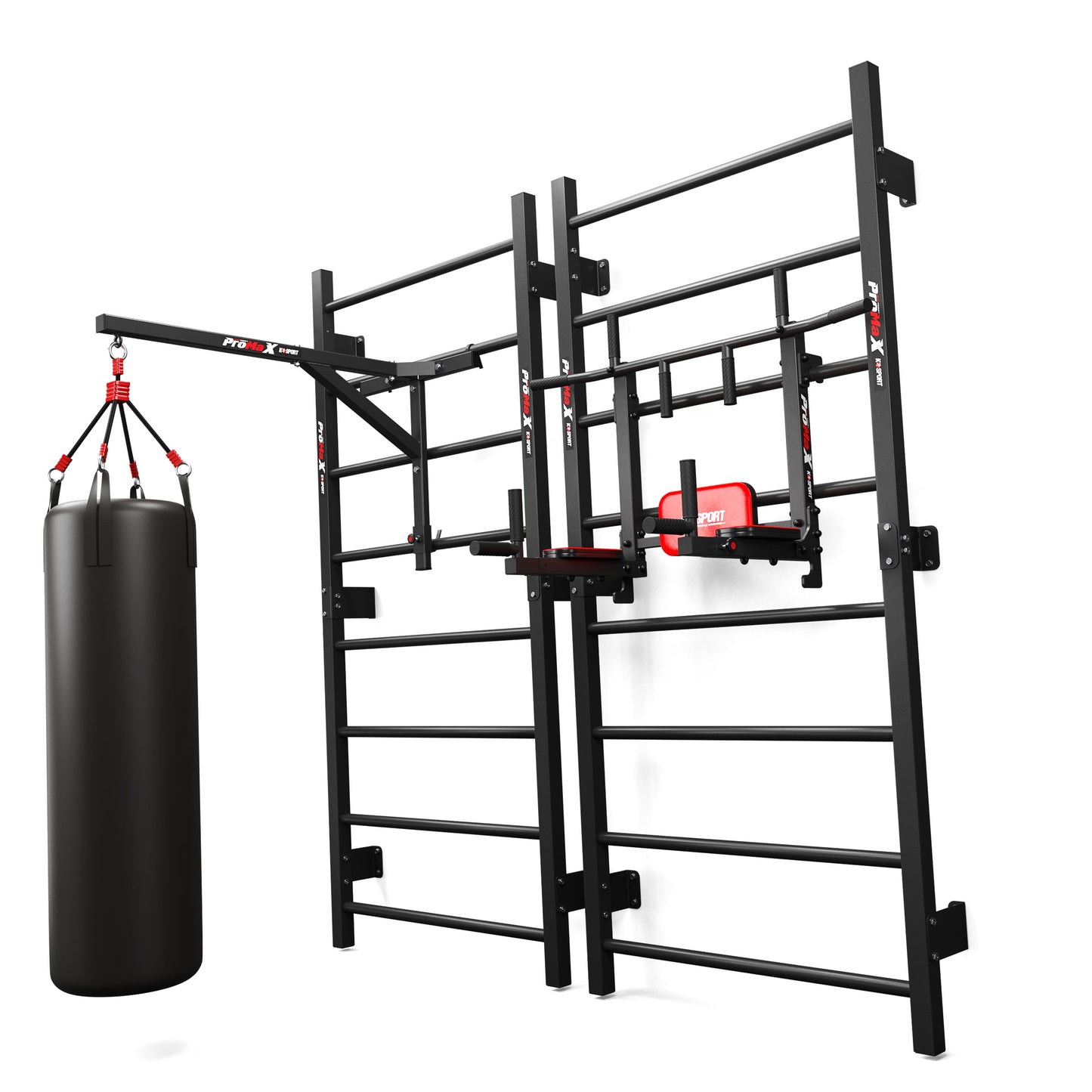 Modular wall bars home gym setup with pull-up station, dip bars and punching bag attachment