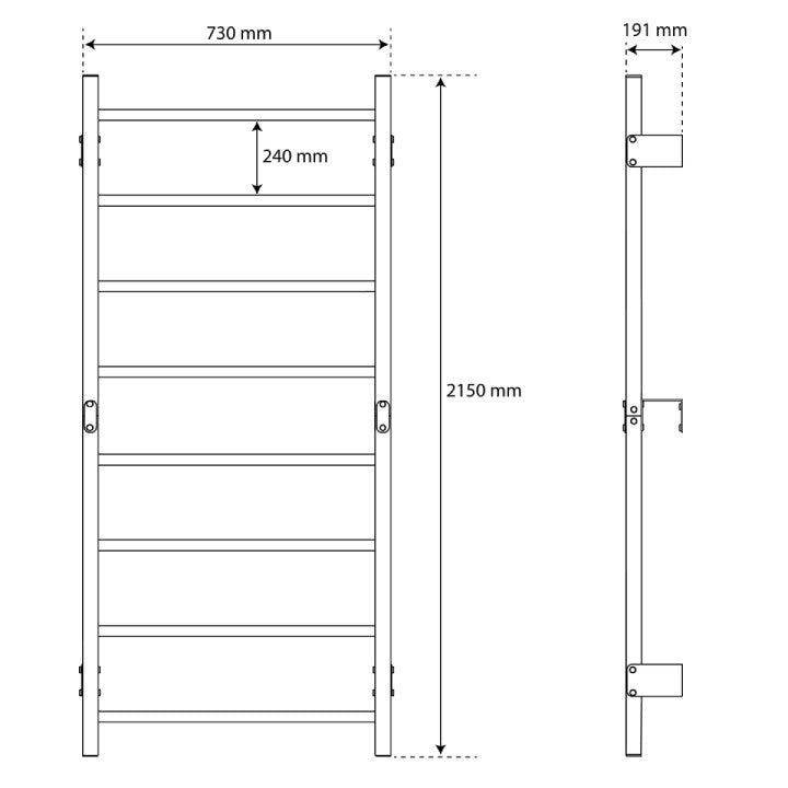 Technical dimensions of wall bars with 8 rungs