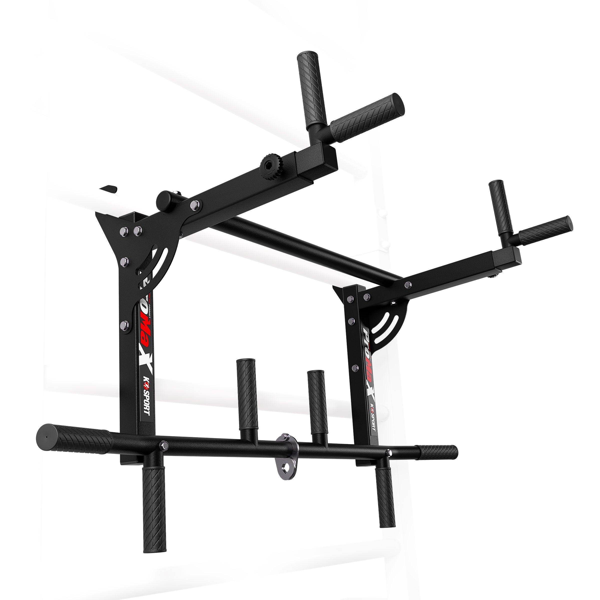 Pull up bar for metal Swedish ladder shown in dip station position