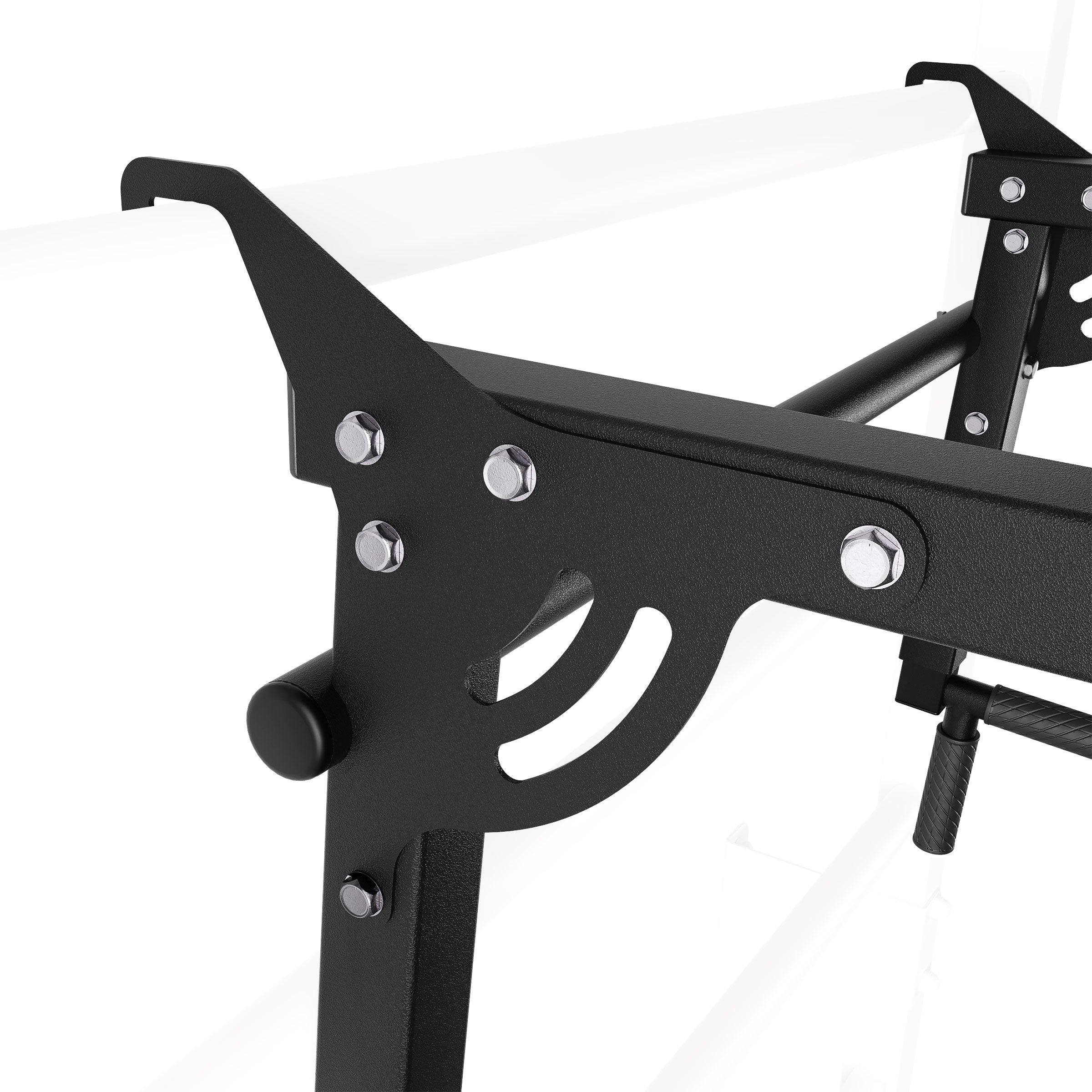 Close-up of reinforced steel mounting hook on pull up bar for metal Swedish ladder