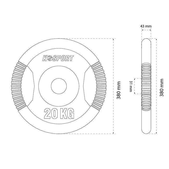 Dimensions of K-Sport 20 kg cast iron weight plate