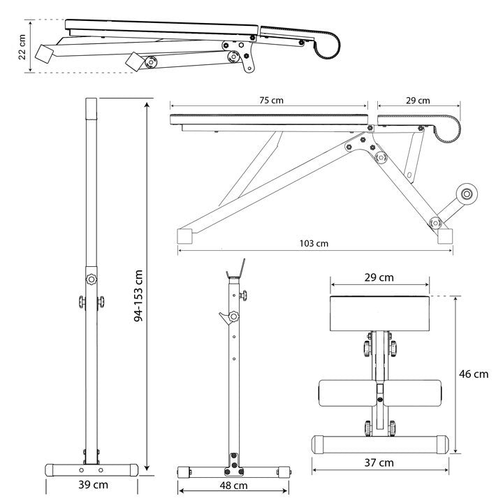 Technical dimensions of adjustable weight rack set with bench