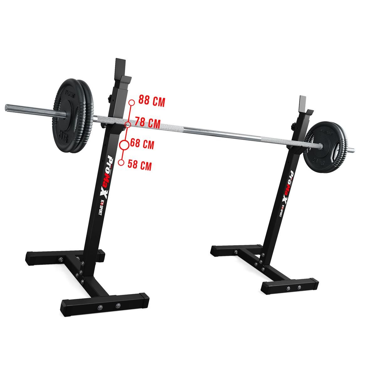 K-Sport compact weight rack with a barbell and adjustable height markers from 58 cm to 88 cm