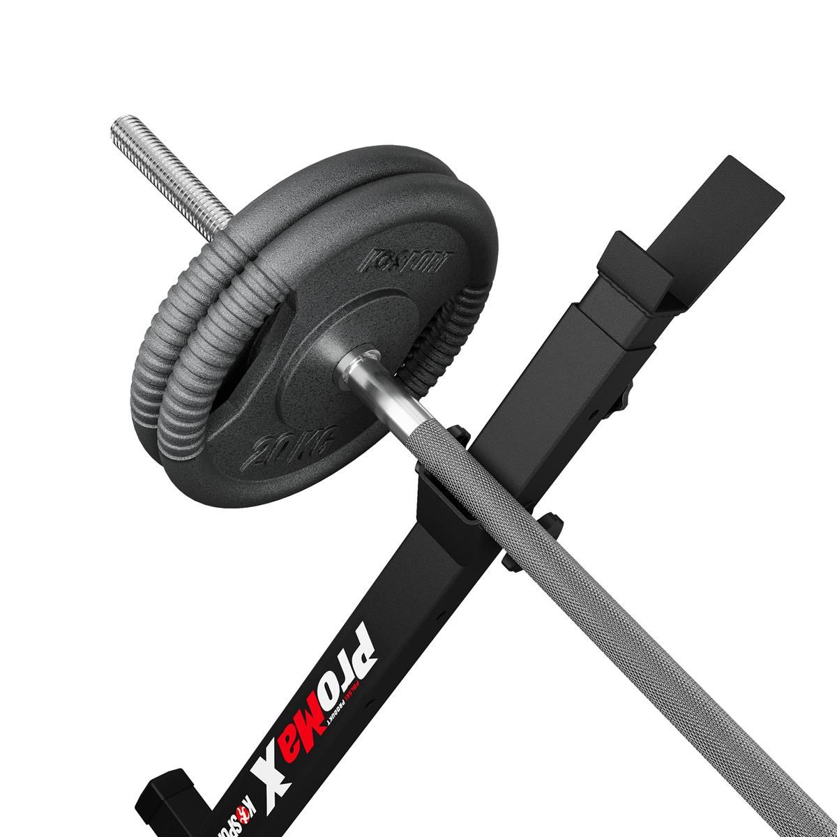 Close-up of barbell holder and safety locking system on adjustable weight rack