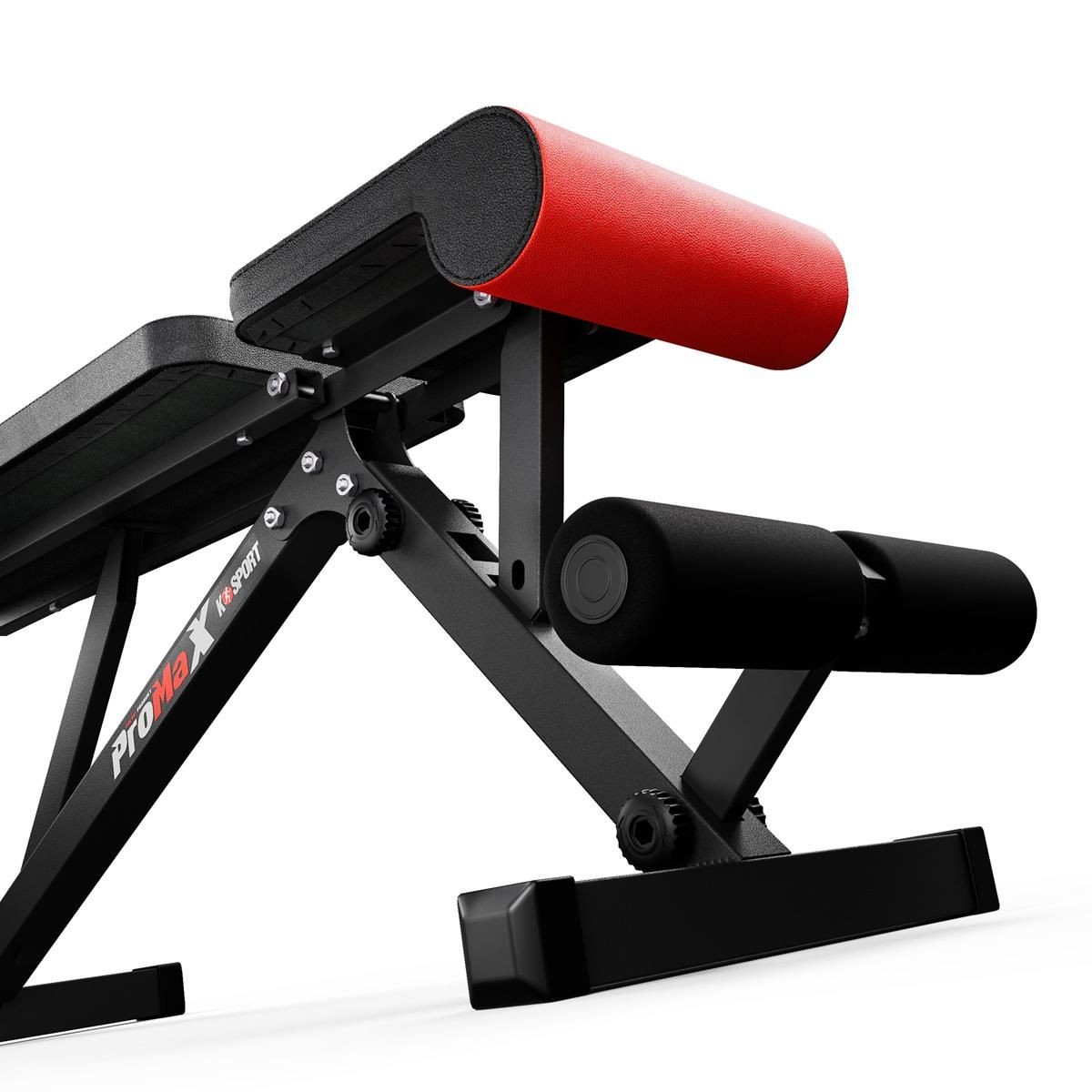 Close-up of leg rollers and frame construction on adjustable training bench